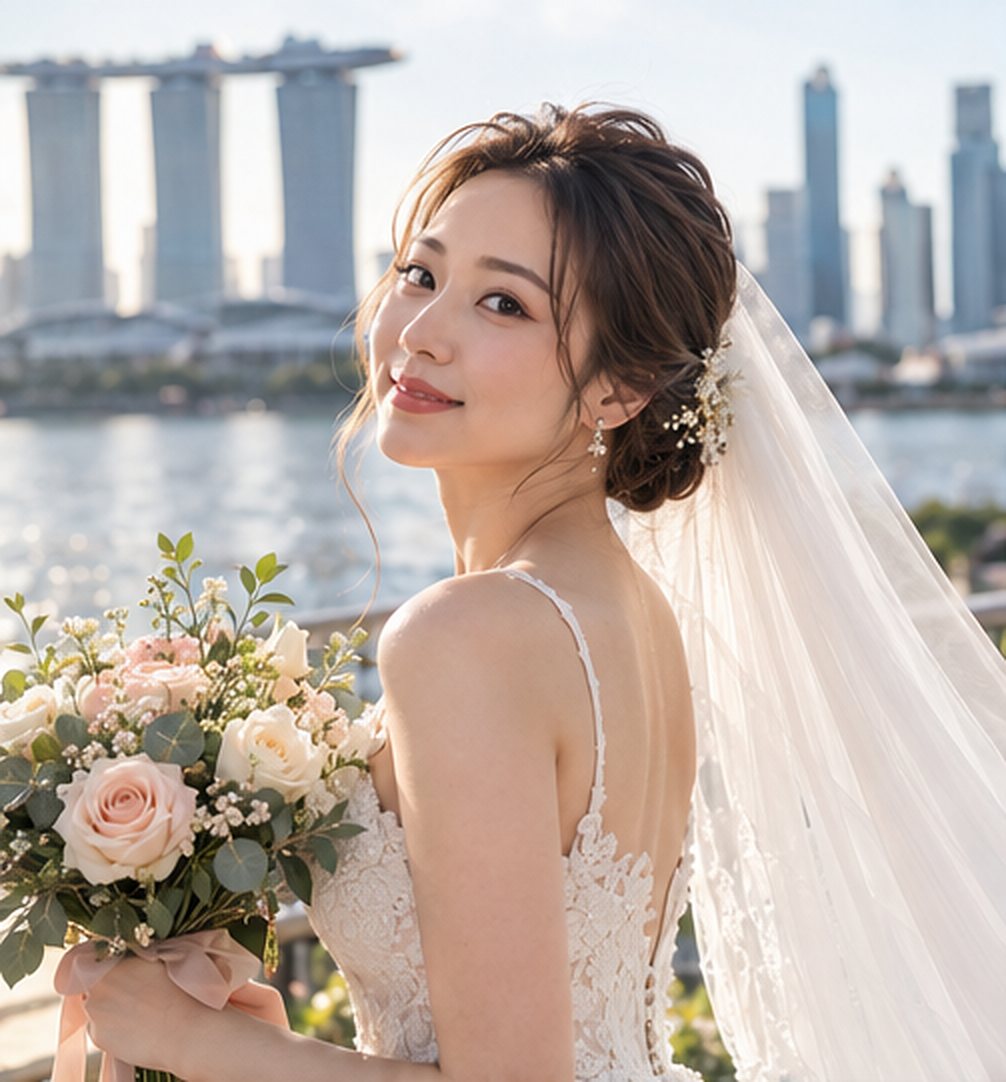 Bride with soft bridal makeup by Alice, smiling in a lace gown and long veil with the Marina Bay skyline behind her