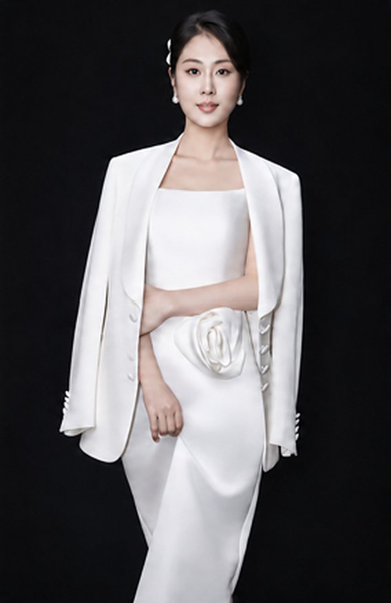 Portrait of Alice Xu Shuangqing, makeup artist and beauty educator in Singapore, in a white suit jacket and gown