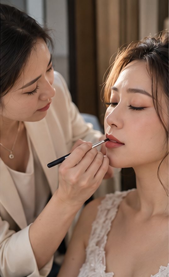 Makeup artist applying lip colour to a bride with her eyes closed