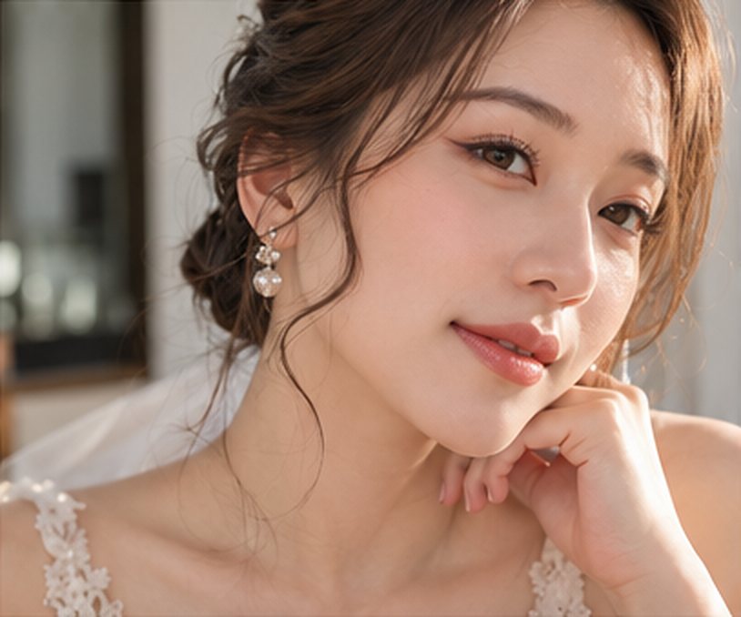 Close-up of a bride resting her chin on her hand, with soft peach eye makeup and a natural lip