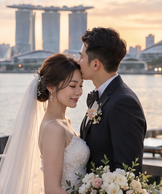 Groom kissing the bride’s forehead at sunset with Marina Bay Sands behind them