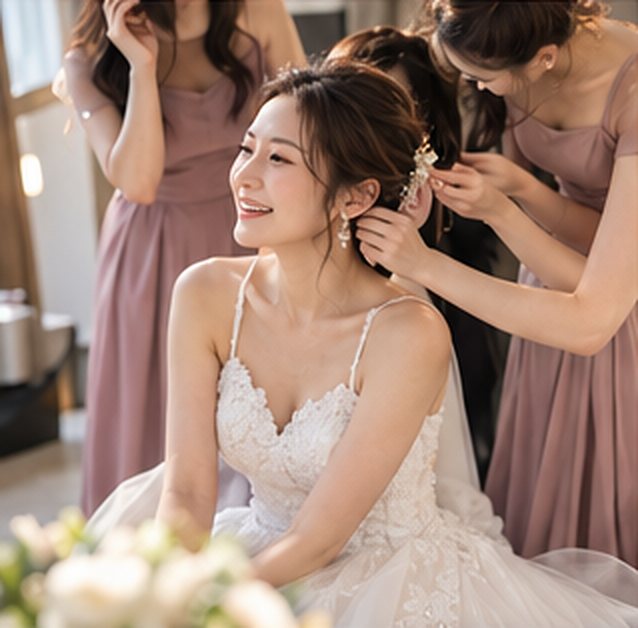 Smiling bride having her hair accessory placed by bridesmaids on the wedding morning