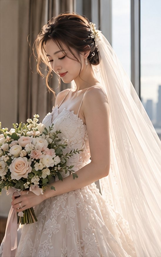 Bride in a lace gown and cathedral veil, looking down at her bouquet by a window