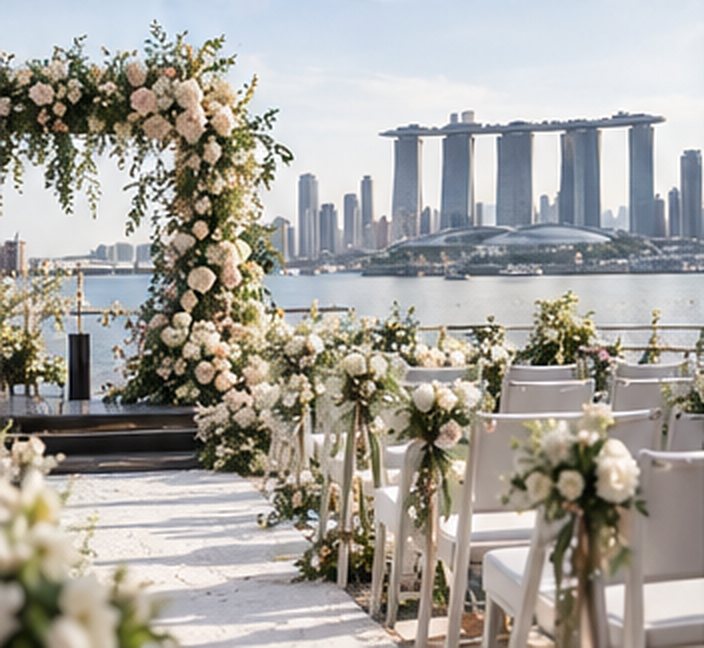 Outdoor wedding ceremony aisle with a floral arch overlooking the Marina Bay skyline